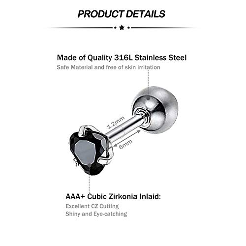 16G Piercing Cartilago Tragus Pendientes Set Labret Studs Barbell Acero Quirurgico Corazón CZ Inlaid Piercing Oreja Helix Conch Daith Hoop Studs Piercing Joyería del Cuerpo 6 Pares