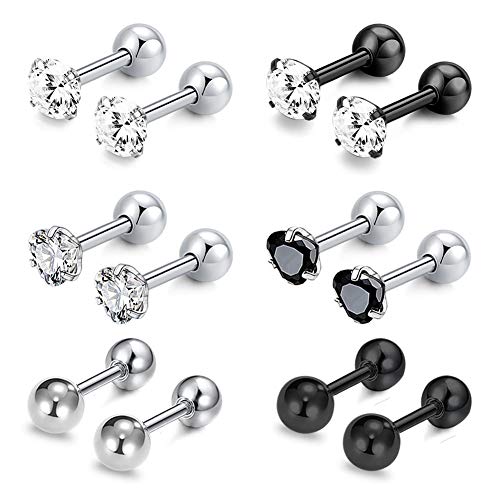 16G Piercing Cartilago Tragus Pendientes Set Labret Studs Barbell Acero Quirurgico Corazón CZ Inlaid Piercing Oreja Helix Conch Daith Hoop Studs Piercing Joyería del Cuerpo 6 Pares