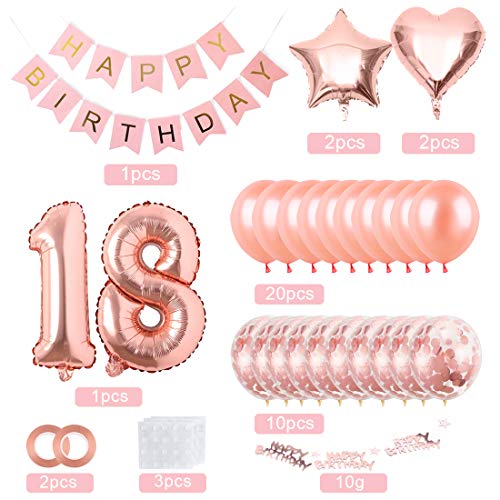 18 Oro Rosa Decoraciones de Cumpleaños Banner Globo Artículos de Fiesta Regalos Para Mujeres Globos Número 18, Globos de Confeti de Oro Rosa Pancarta de Feliz Cumpleaños