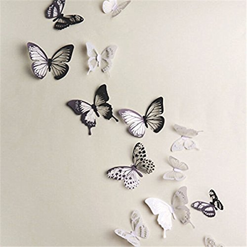 18 Piezas 3D Mariposa Pegatinas de Pared Adhesivo Etiquetas Mariposas Decoración de la Pared Para Casa Habitación Negro Blanco