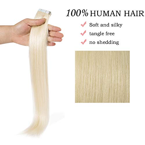 18"(45cm) Extensiones Adhesivas de Cabello Natural Sin Clip [2.5g*20pcs] #60 Rubio Platino 100% Remy Pelo Humano Tape in Hair Extensions (50g)