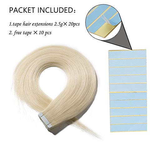 18"(45cm) Extensiones Adhesivas de Cabello Natural Sin Clip [2.5g*20pcs] #60 Rubio Platino 100% Remy Pelo Humano Tape in Hair Extensions (50g)
