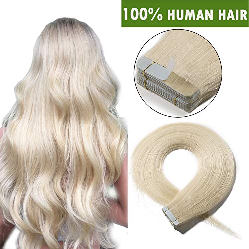 18"(45cm) Extensiones Adhesivas de Cabello Natural Sin Clip [2.5g*20pcs] #60 Rubio Platino 100% Remy Pelo Humano Tape in Hair Extensions (50g)
