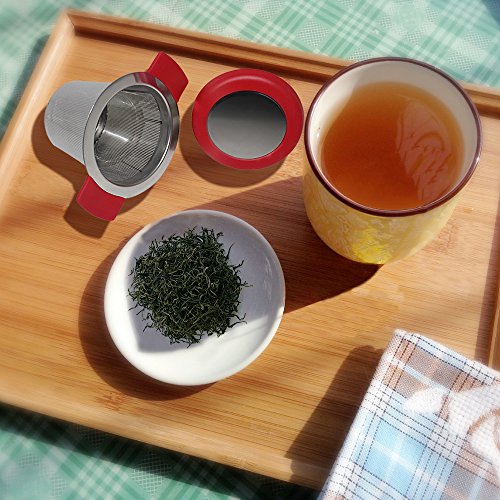 18/8 malla de acero inoxidable infusor de té colador de té con tamaño perfecto, doble asa y gran capacidad, SourceTon se cuelga en teteras, tazas, tazas para té empapado con tapa, paquete de 2 juegos