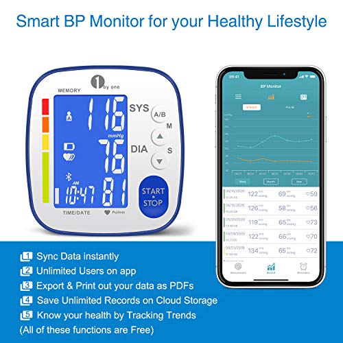 1byone Tensiómetro de brazo digital Bluetooth, Monitor de presión arterial, 2 × 250 juegos de memoria