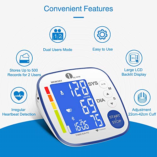 1byone Tensiómetro de brazo digital Bluetooth, Monitor de presión arterial, 2 × 250 juegos de memoria