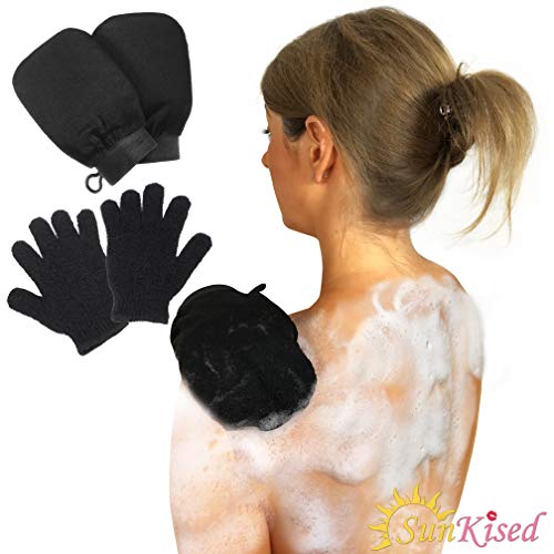 2 guantes exfoliantes y 2 manoplas, exfoliación de cuerpo completo, elimina la piel seca muerta, limpia los poros y el bronceado falso de borrar