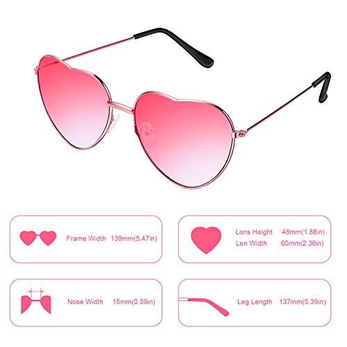 2 Pares de Gafas de Sol de Marco en Forma de Corazón en Estilo Hippy para Accesorio de Disfraz de Hippie, Marco Dorado Rosa (Lente Rojo Gradiente)