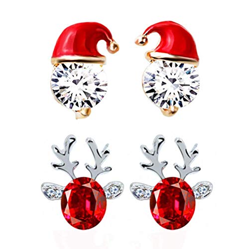 2 pares de pendientes de Navidad de moda, 1 gorro de Papá Noel, 1 pendientes de cuernos de reno de cristal, juego de regalo para mujeres y niñas