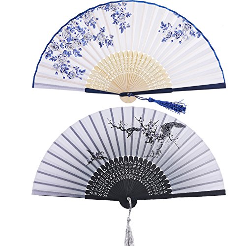 2 Piezas Abanicos Plegables Portátil Abanicos de Mano de Bambú con Borlas Abanicos de Bambú de Hueco de Mujeres para Decoración de Pared, Regalos (Patrón de Rosa Azul y Cerezo Negro)