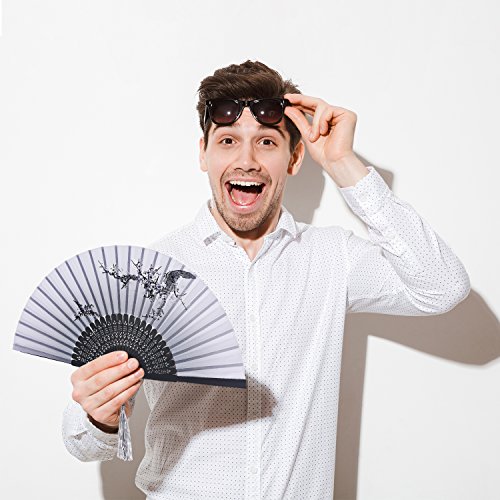 2 Piezas Abanicos Plegables Portátil Abanicos de Mano de Bambú con Borlas Abanicos de Bambú de Hueco de Mujeres para Decoración de Pared, Regalos (Patrón de Rosa Azul y Cerezo Negro)