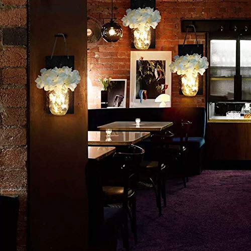 2 piezas de apliques de pared rústicos, Yofuly Decoración de madera rústica vintage para el hogar, ganchos de hierro forjado, hortensias de seda y luces de tira LED para la decoración del hogar