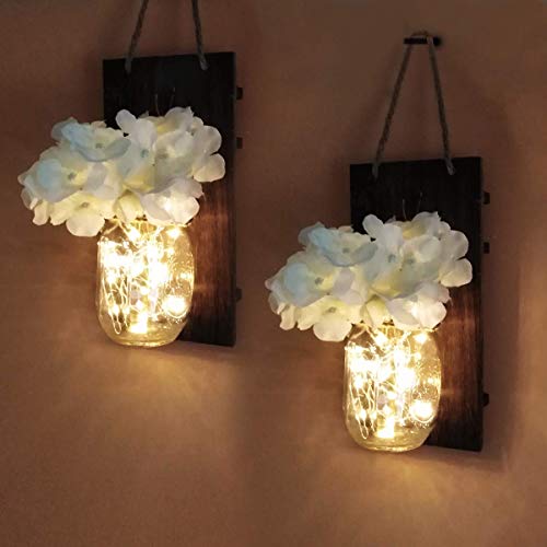 2 piezas de apliques de pared rústicos, Yofuly Decoración de madera rústica vintage para el hogar, ganchos de hierro forjado, hortensias de seda y luces de tira LED para la decoración del hogar