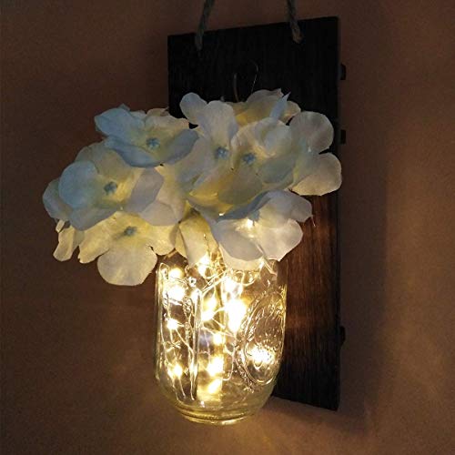 2 piezas de apliques de pared rústicos, Yofuly Decoración de madera rústica vintage para el hogar, ganchos de hierro forjado, hortensias de seda y luces de tira LED para la decoración del hogar