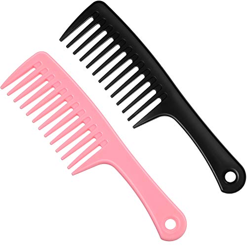 2 Piezas de Peine de Dientes Anchos Peine para Desenredar Pelo Peine de Pelo Rizado Peine de Ducha de Dientes Grandes para Peluquería, Cabello Seco, Grueso, Fino, Largo y Rizado, Rosa y Negro