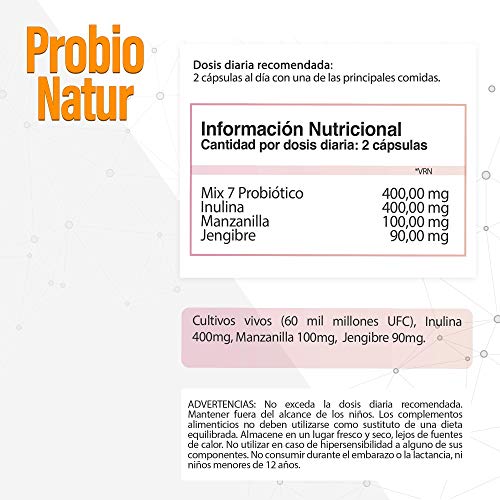 20 Cepas Probióticas Únicas con 60 mil millones UFC + Inulina + Manzanilla + Jengibre | Protege y Mejora la Flora Intestinal | Aumenta tus Defensas | Optimiza tu Organismo | 90 cápsulas naturales.