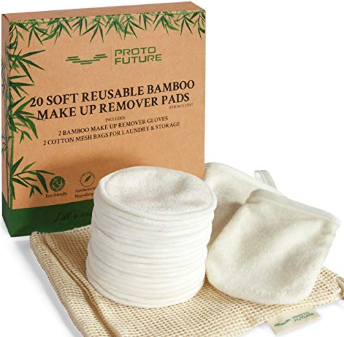 20 Discos Desmaquillantes Reutilizables de Bambú Orgánico – 2 Bolsas de Algodón y 2 Guantes de Bambú, Almohadillas Desmaquillantes Ecológicas, Proto Future