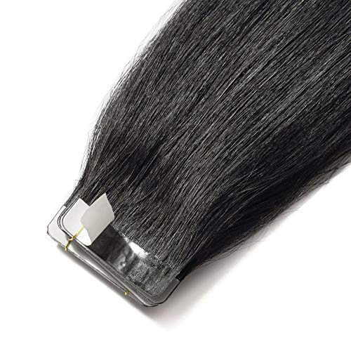 20 Piezas Extensiones Adhesivas de Cabello Natural Remy Sin Clip Pelo Afro Tape in Hair Extension Lisa - 40 cm (50g) #01 Negro Oscuro