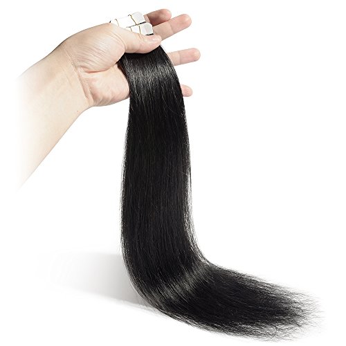 20 Piezas Extensiones Adhesivas de Cabello Natural Remy Sin Clip Pelo Afro Tape in Hair Extension Lisa - 40 cm (50g) #01 Negro Oscuro