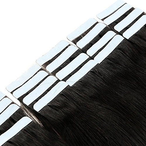 20 Piezas Extensiones Adhesivas de Cabello Natural Remy Sin Clip Pelo Afro Tape in Hair Extension Lisa - 40 cm (50g) #01 Negro Oscuro