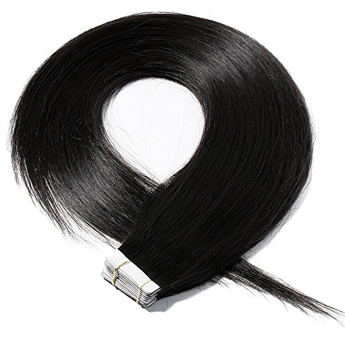 20 Piezas Extensiones Adhesivas de Cabello Natural Remy Sin Clip Pelo Afro Tape in Hair Extension Lisa - 40 cm (50g) #01 Negro Oscuro