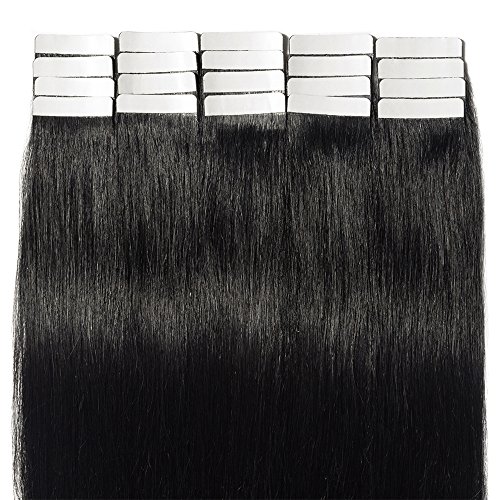 20 Piezas Extensiones Adhesivas de Cabello Natural Remy Sin Clip Pelo Afro Tape in Hair Extension Lisa - 40 cm (50g) #01 Negro Oscuro