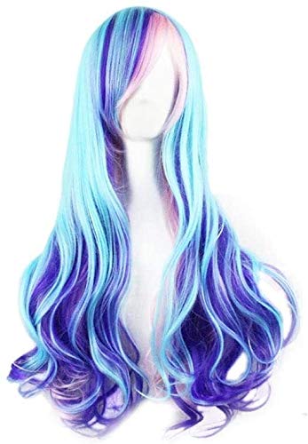 2021 de Halloween aspectos más destacados de la decoración del partido gradiente ondas naturales de color rosa azul cubierto resistente al fuego blue anime cosplay peluca sintética y rosa DOISLL