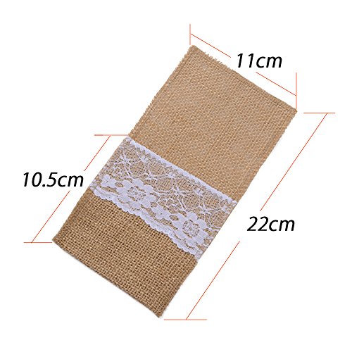 20pcs Cubierto Yute Arpillera Saco Bolsas Tenedor Cuchillo Cuchara con Encaje para Boda Decoración de Mesa Fiestas Navidad Cumpleaños 21 * 11cm