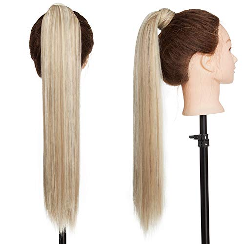 23"(58cm) Coleta Postiza Pelo Sintético Se Ve Natural Lisa Extensiones de Cabello Natural Clip Postizos de Cola Ponytail Extension (90g,Sandy Rubio mezcla Blanqueador Rubio)