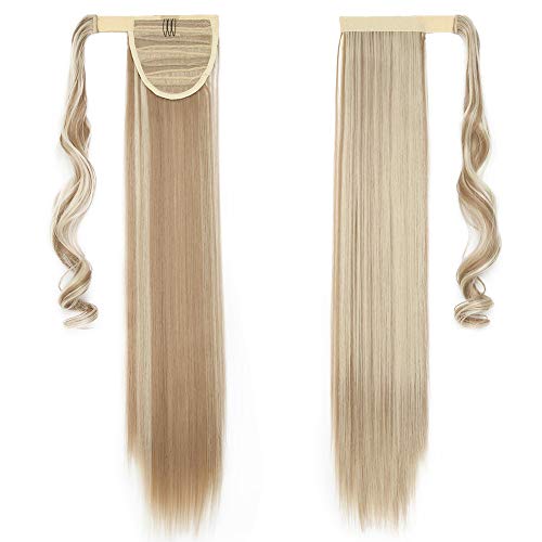23"(58cm) Coleta Postiza Pelo Sintético Se Ve Natural Lisa Extensiones de Cabello Natural Clip Postizos de Cola Ponytail Extension (90g,Sandy Rubio mezcla Blanqueador Rubio)