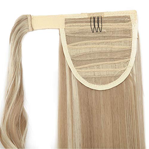 23"(58cm) Coleta Postiza Pelo Sintético Se Ve Natural Lisa Extensiones de Cabello Natural Clip Postizos de Cola Ponytail Extension (90g,Sandy Rubio mezcla Blanqueador Rubio)