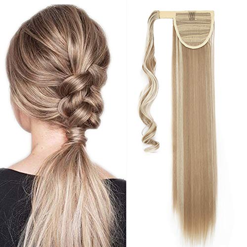 23"(58cm) Coleta Postiza Pelo Sintético Se Ve Natural Lisa Extensiones de Cabello Natural Clip Postizos de Cola Ponytail Extension (90g,Sandy Rubio mezcla Blanqueador Rubio)