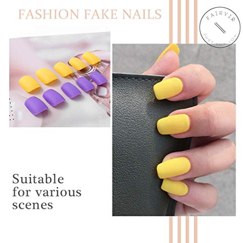 24 uñas postizas Fairvir de color morado, mate, cobertura completa, cuadradas, cortas, de acrílico falso natural, para mujeres y niñas (morado amarillo)