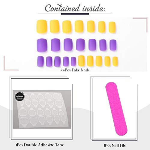 24 uñas postizas Fairvir de color morado, mate, cobertura completa, cuadradas, cortas, de acrílico falso natural, para mujeres y niñas (morado amarillo)