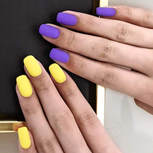 24 uñas postizas Fairvir de color morado, mate, cobertura completa, cuadradas, cortas, de acrílico falso natural, para mujeres y niñas (morado amarillo)