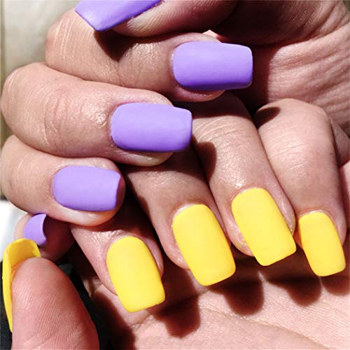 24 uñas postizas Fairvir de color morado, mate, cobertura completa, cuadradas, cortas, de acrílico falso natural, para mujeres y niñas (morado amarillo)
