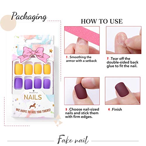 24 uñas postizas Fairvir de color morado, mate, cobertura completa, cuadradas, cortas, de acrílico falso natural, para mujeres y niñas (morado amarillo)