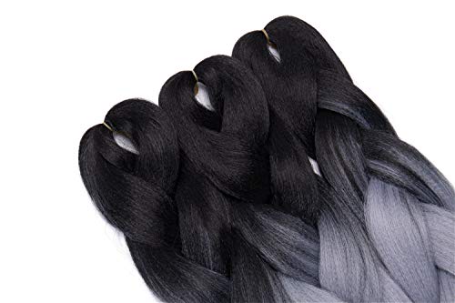 24"(60cm) 3 Piezas Extensiones de Pelo Sintético para Hacer Trenzas Africanas - Cabello No Destiñen y Se Ve Natural - (300g,Negro/Gris Plateado)