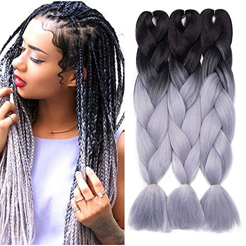 24"(60cm) 3 Piezas Extensiones de Pelo Sintético para Hacer Trenzas Africanas - Cabello No Destiñen y Se Ve Natural - (300g,Negro/Gris Plateado)