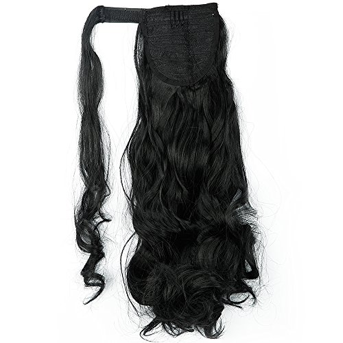24"(60cm) Coleta Postiza Pelo Natural de Pelo Sintético Extensiones de Cabello Natural Clip Cola Ponytail Hair Extension Rizada Onduladas Largas Pelucas (100g,Negro)