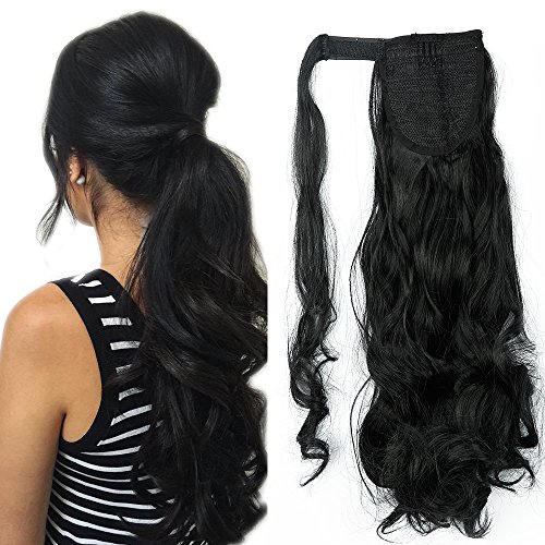 24"(60cm) Coleta Postiza Pelo Natural de Pelo Sintético Extensiones de Cabello Natural Clip Cola Ponytail Hair Extension Rizada Onduladas Largas Pelucas (100g,Negro)