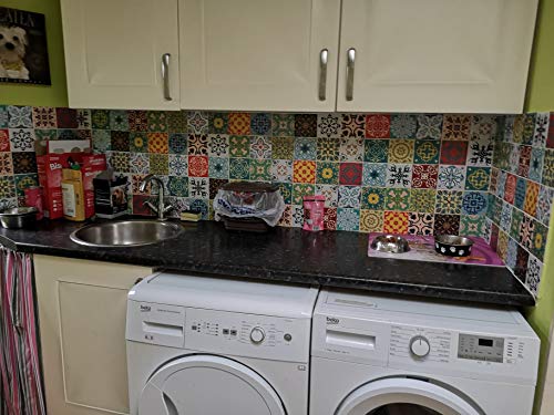 24x Color de la mezcla Lámina impresa 2d PEGATINAS lisas para pegar sobre azulejos cuadrados de 15cm en cocina, baños – resistentes al agua y aceite, Azulejos decorativos adhesivos