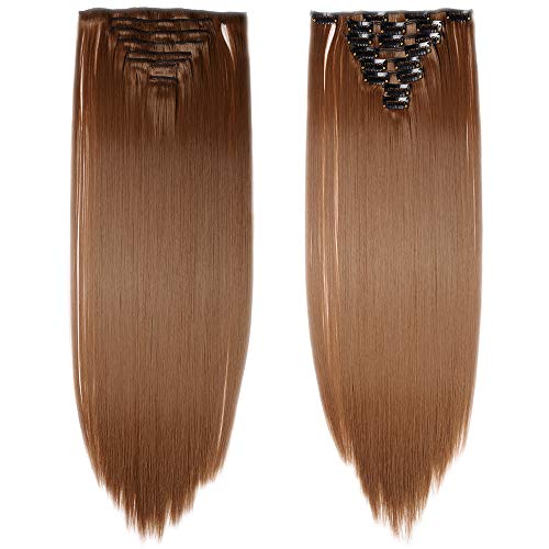 26"(66cm) Extensiones de Cabello Natural Clip 8 Piezas Extensiones Sintéticas Pelo Se Ve Natural Liso Largo Postizos de Pelo Invisible (140g,Castaño Claro)