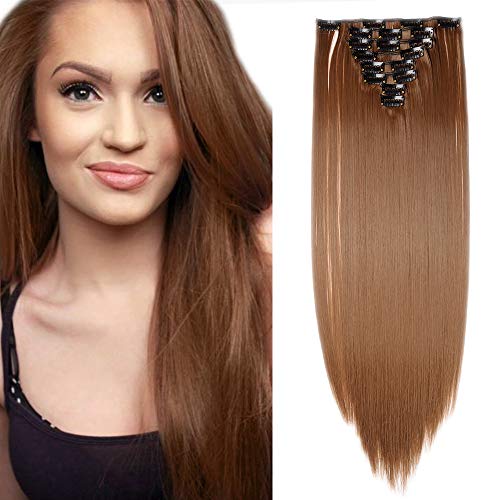 26"(66cm) Extensiones de Cabello Natural Clip 8 Piezas Extensiones Sintéticas Pelo Se Ve Natural Liso Largo Postizos de Pelo Invisible (140g,Castaño Claro)
