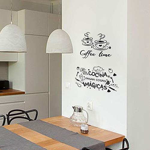 2pcs Pegatinas Pared Cocina Decorativas con Frases Españoles Vinilos Letras Stickers Adhesivos Comedor Cafetería Restaurante Habitación Coffee time En esta cocina.