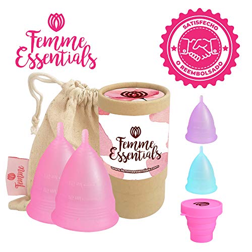 2x Femme Essentials Copa Menstrual + Bolsa de Algodón | 100% de Silicona Hipoalergénica para Uso Médico | Ecológica, Segura, Cómoda y Higiénica | Tamaño: Pequeño | Color: Rosa