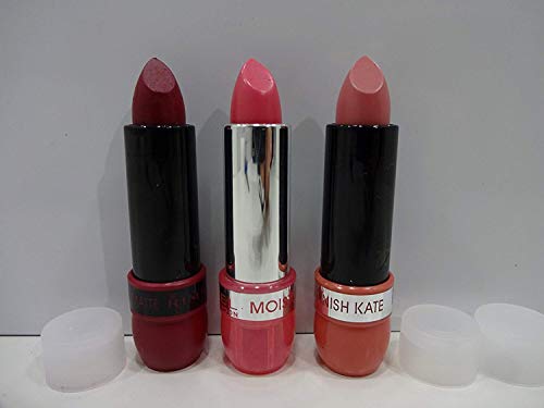 3 barras de labios Rimmel London ~ 1 lápiz labial Rimmel Moisture Renew 200 brillo rosa + 1 x Rimmel Durable Finish Kate Matte Lipsticks Shade 107 + Rimmel Durable Finish Kate Lipstick Shade 38.
