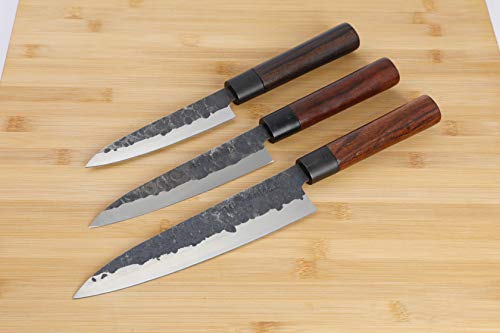 3 Claveles Juego de 5 Cuchillos Profesionales Estilo Japonés Gama Osaka, Hojas Unicas Forjadas a Mano