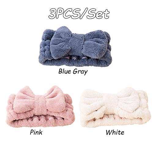 3 PCS Bowknot Pelo Bandas,Diadema de Maquillaje Elástica Bowknot Pelo Banda Lana de Coral Diseño Lindo Diadema para Ducha, Spa, Yoga, Belleza Facial (Azul Rosa Blanco)