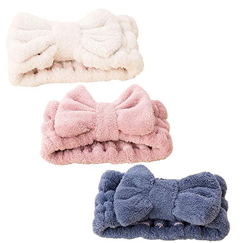 3 PCS Bowknot Pelo Bandas,Diadema de Maquillaje Elástica Bowknot Pelo Banda Lana de Coral Diseño Lindo Diadema para Ducha, Spa, Yoga, Belleza Facial (Azul Rosa Blanco)